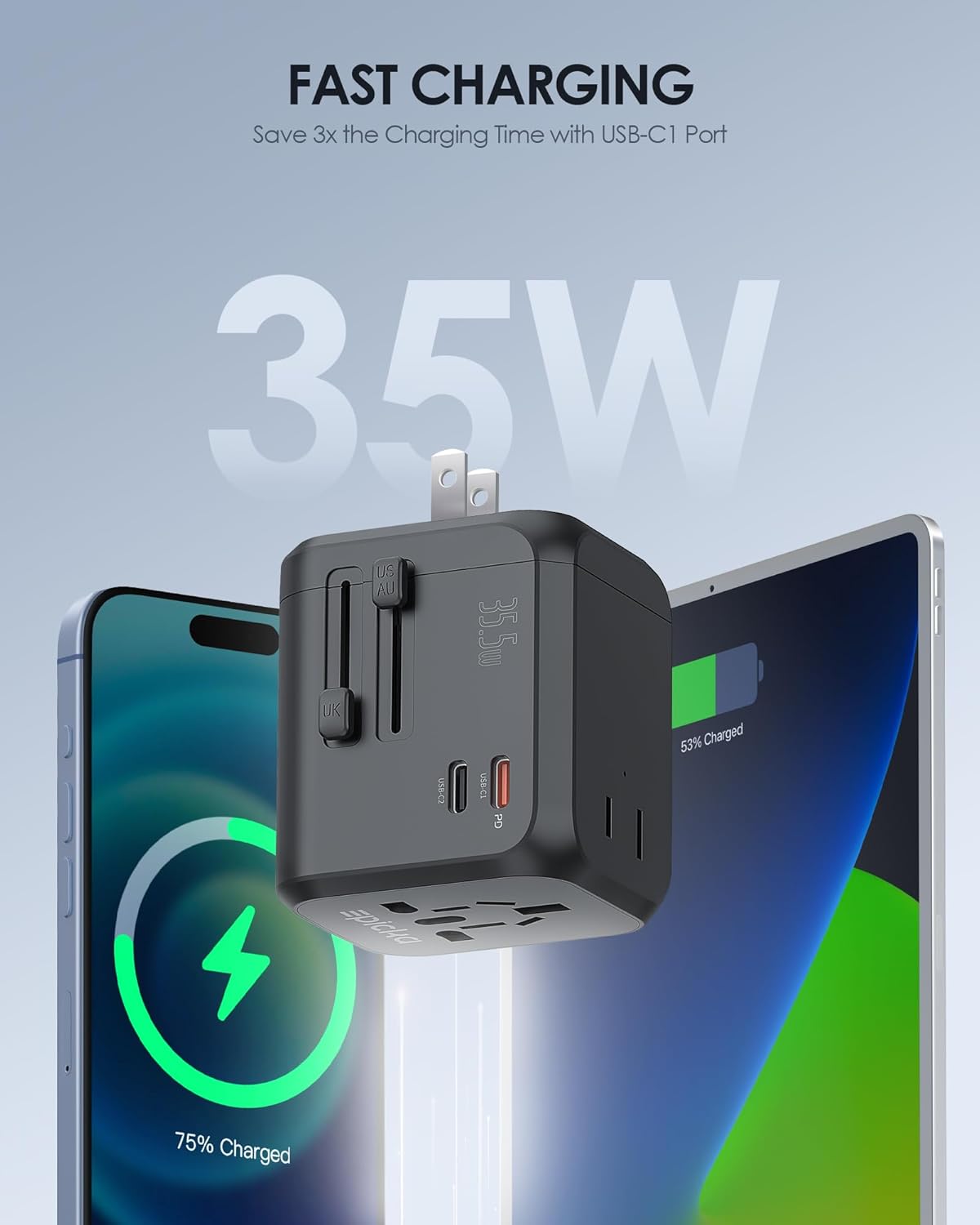 EPICKA Universal Travel Adapter, International Plug Adapter with Dual AC Outlet, 2 USB-C 35W PD Fast Charging & 3 USB-A, All in One Worldwide Wall Charger (TA-205, Black) - Image 3