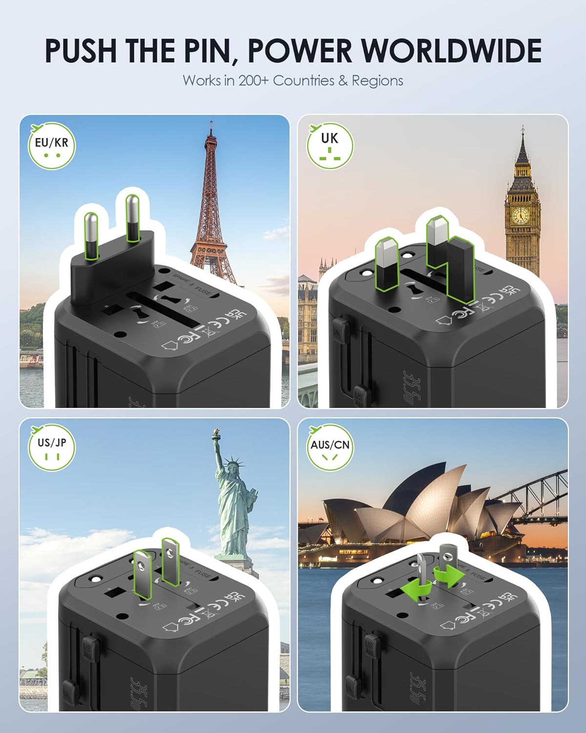 EPICKA Universal Travel Adapter, International Plug Adapter with Dual AC Outlet, 2 USB-C 35W PD Fast Charging & 3 USB-A, All in One Worldwide Wall Charger (TA-205, Black) - Image 4