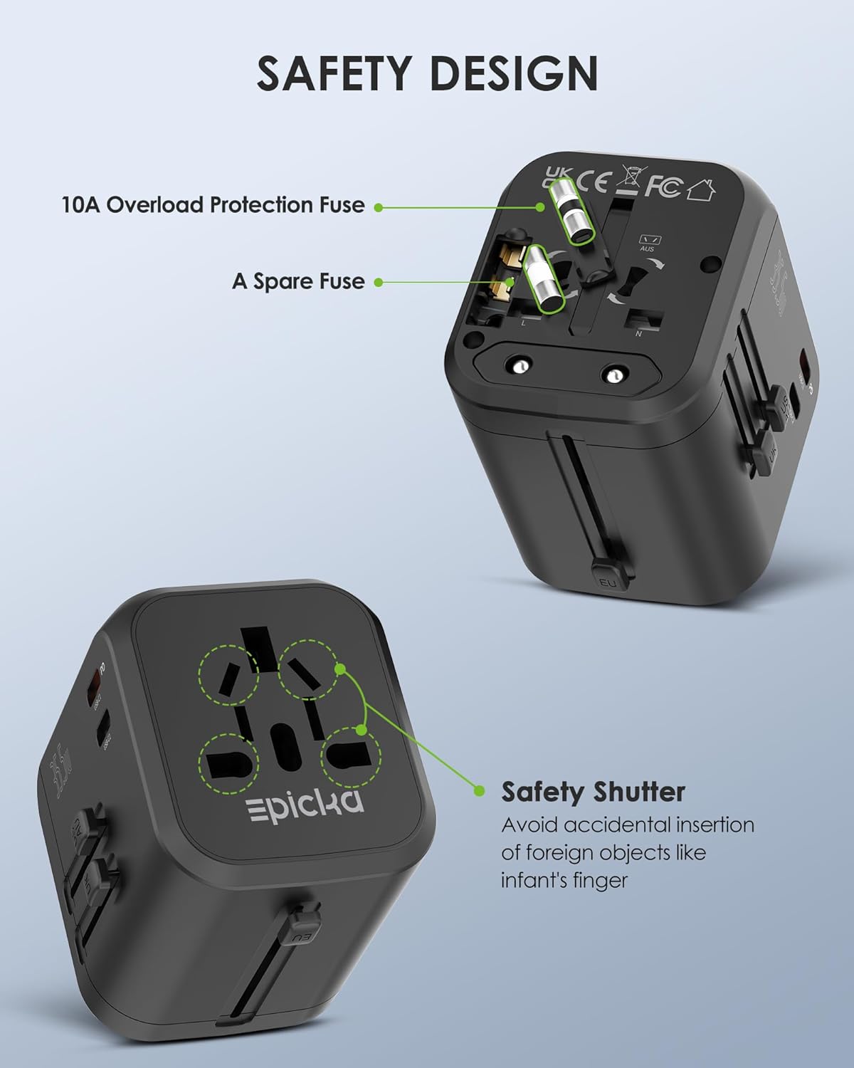 EPICKA Universal Travel Adapter, International Plug Adapter with Dual AC Outlet, 2 USB-C 35W PD Fast Charging & 3 USB-A, All in One Worldwide Wall Charger (TA-205, Black) - Image 6