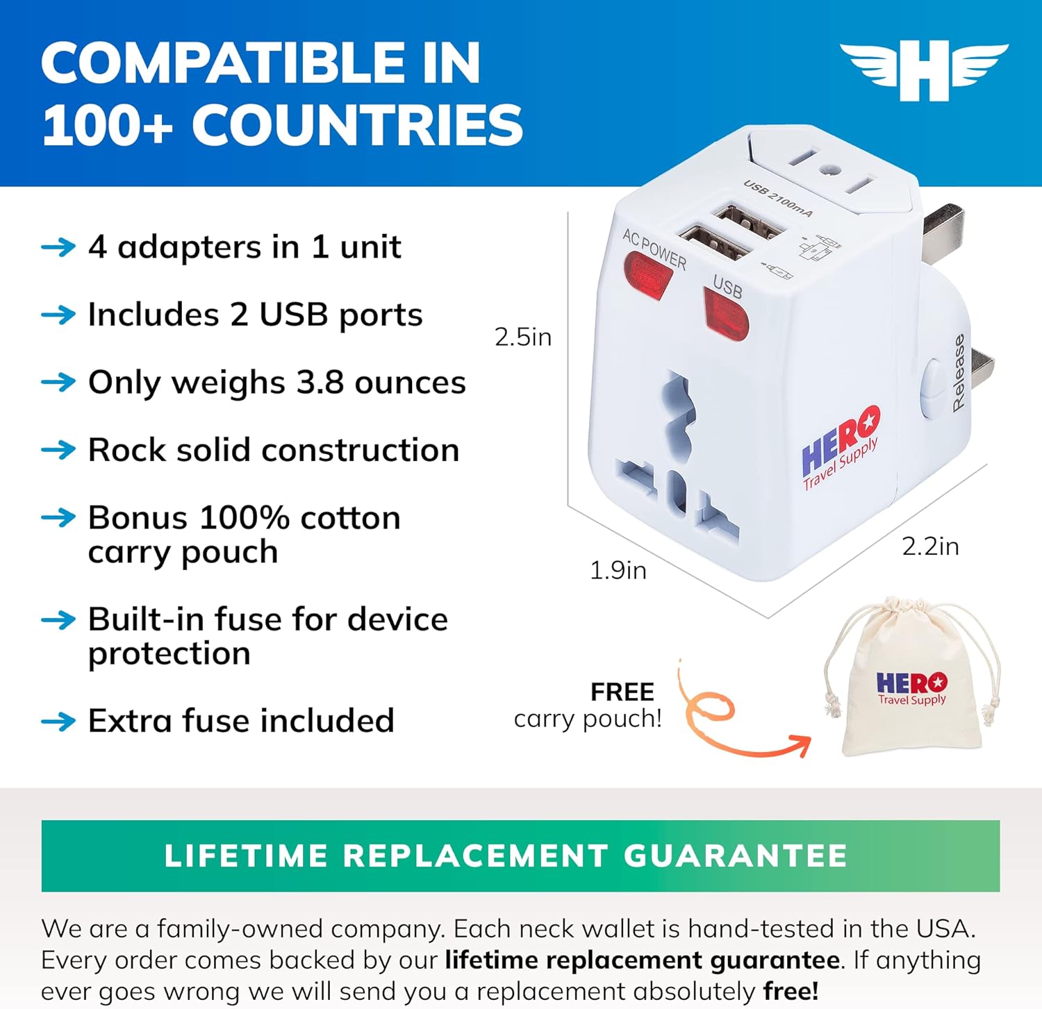 Hero Universal Travel Adapter (2 USB Ports) – Power Plug for US Europe France UK Ireland Thailand NZ Australia 100+ Countries - Image 3