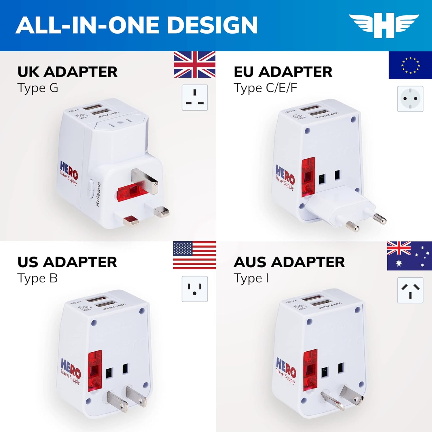 Hero Universal Travel Adapter (2 USB Ports) – Power Plug for US Europe France UK Ireland Thailand NZ Australia 100+ Countries - Image 4
