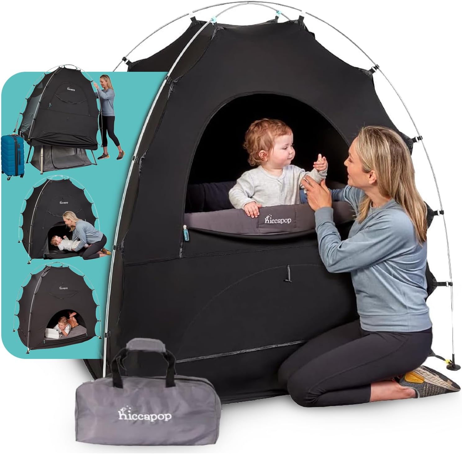 hiccapop Blackout Tent for Pack and Play, Patented Portable Crib Tent, Blackout Canopy Crib Cover, Sleep Pod for Kids, Pack and Play Tent, Black