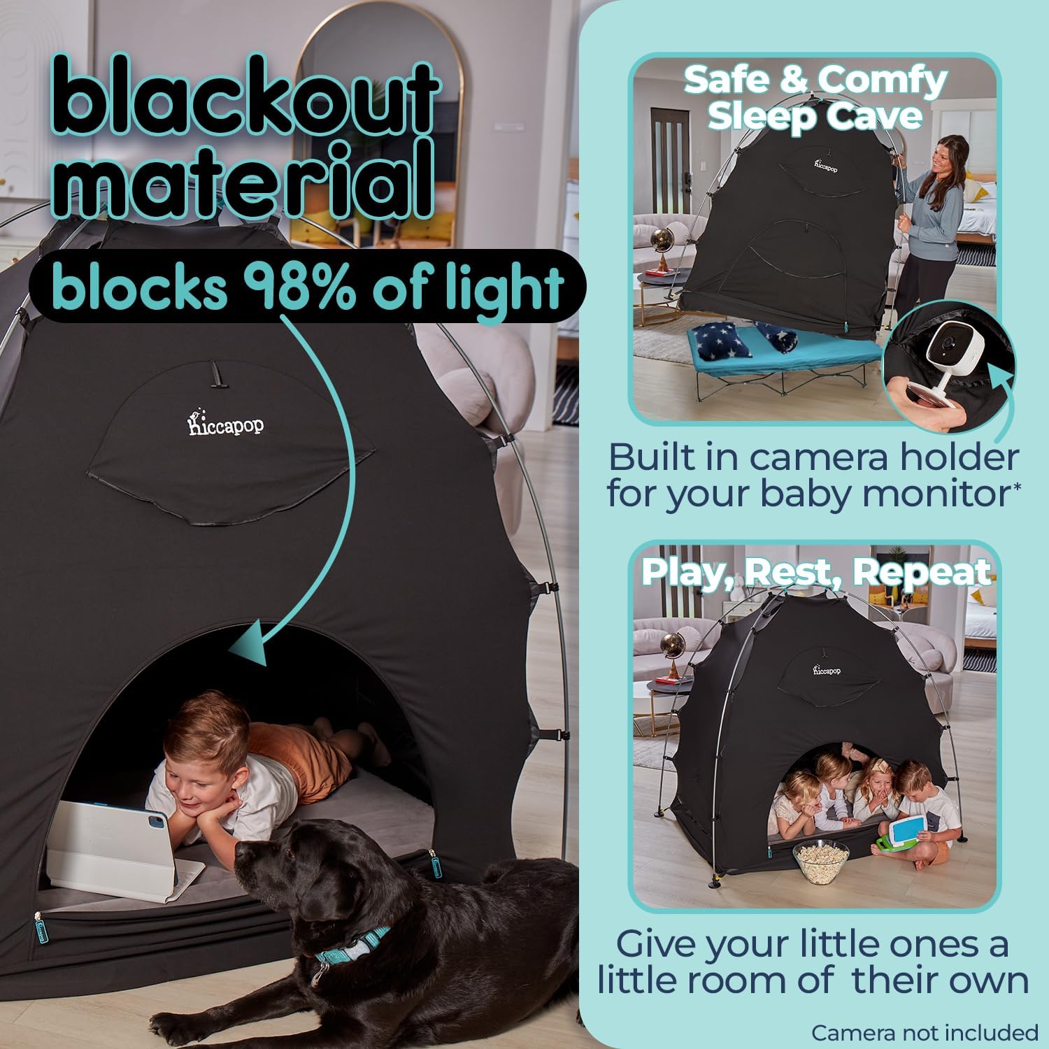 hiccapop Blackout Tent for Pack and Play, Patented Portable Crib Tent, Blackout Canopy Crib Cover, Sleep Pod for Kids, Pack and Play Tent, Black - Image 3