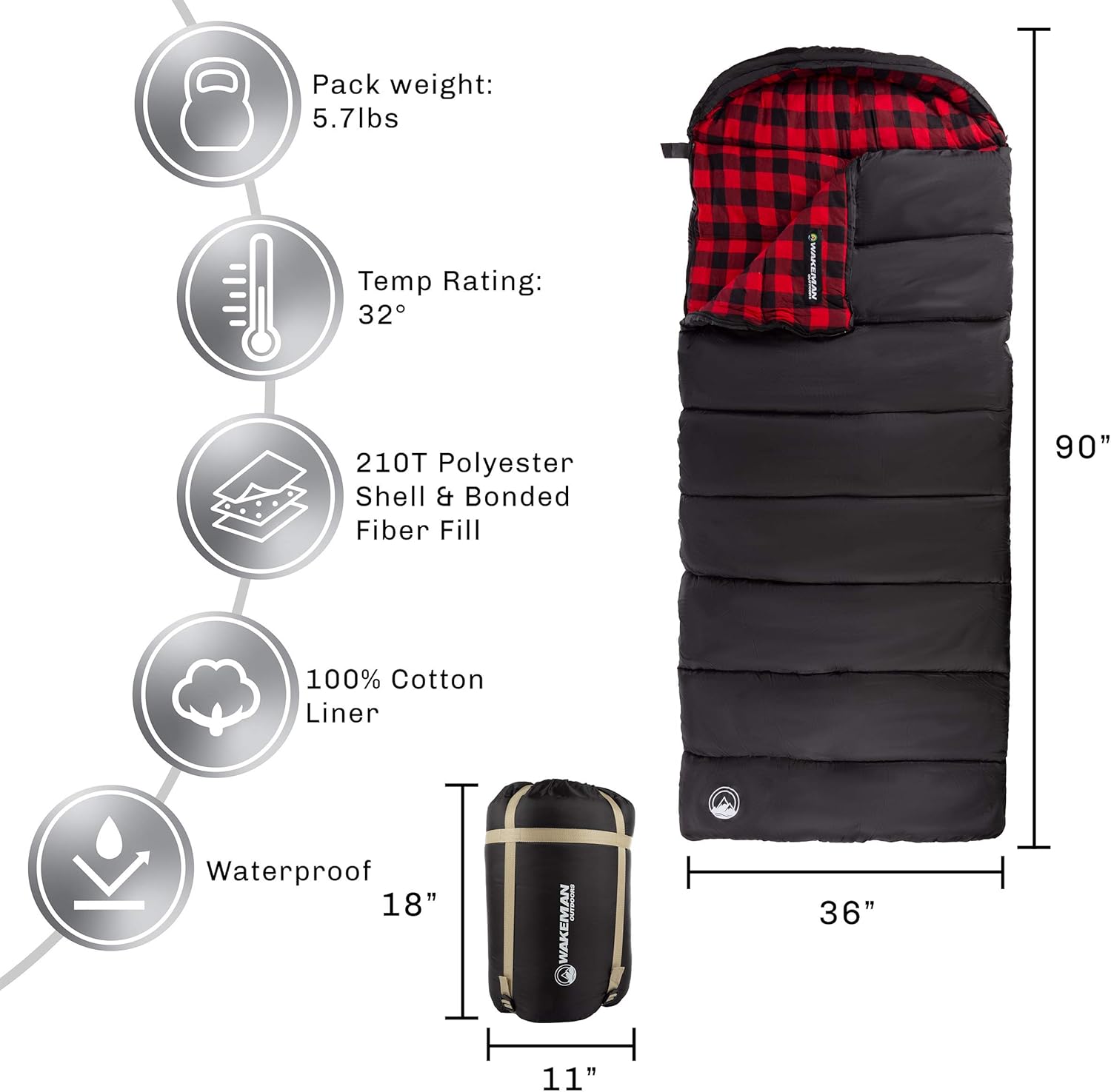 Sleeping Bag - 32F Comfort Rated 3-Season Envelope-Style Sleep Bag with Hood for Backpacking, Hiking, and Camping by Wakeman - Image 2