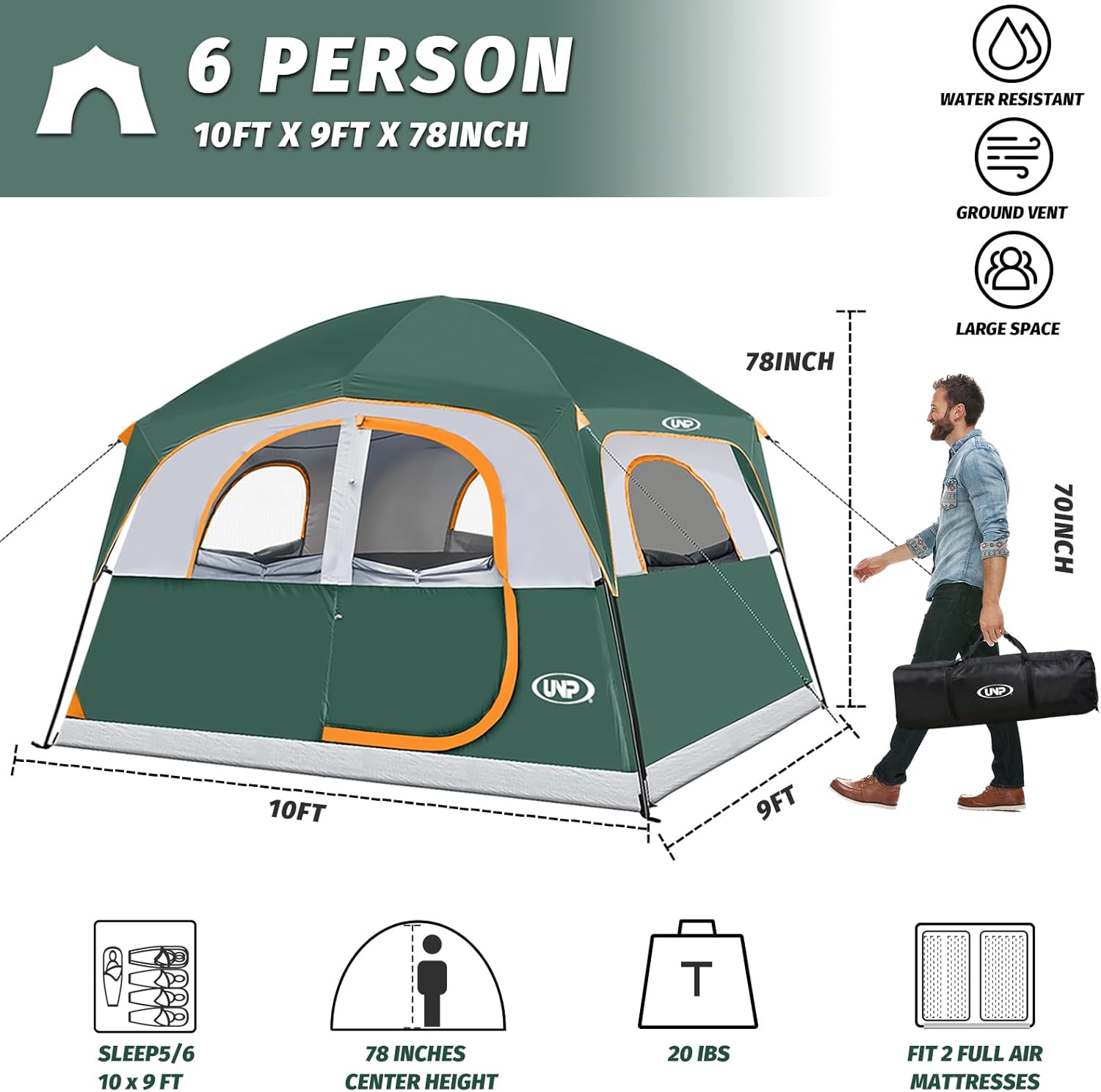 UNP Tents 6 Person Waterproof Windproof Easy Setup,Double Layer Family Camping Tent with 1 Mesh Door & 5 Large Mesh Windows -10'X9'X78in(H) - Image 2